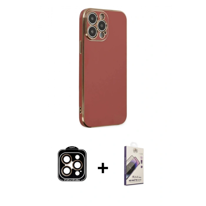 MARSİLYAN™- iPhone 14 Pro Max Kılıf Yankı Serisi - Siyah Bilvis 3D Mat Cam Ekran Koruyucu + PVD Metal Kamera Lens - TU