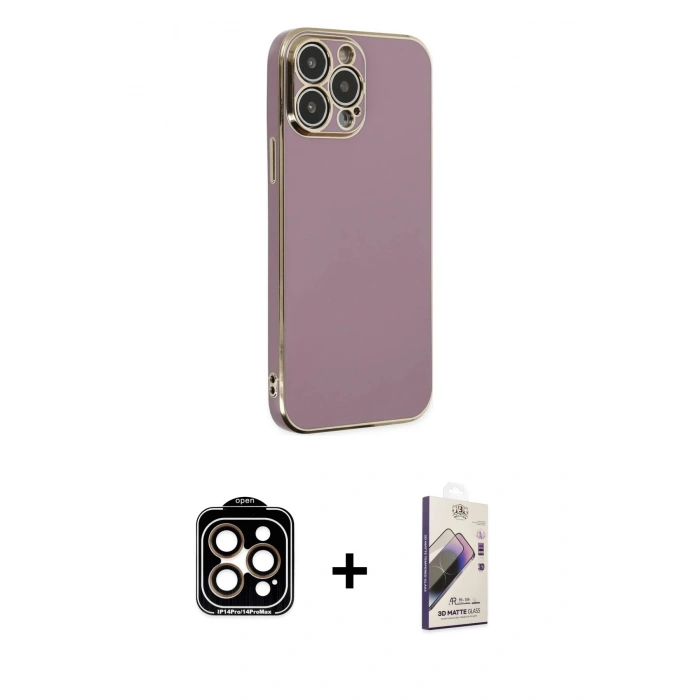 MARSİLYAN™- iPhone 14 Pro Max Kılıf Yankı Serisi - Siyah Bilvis 3D Mat Cam Ekran Koruyucu + PVD Metal Kamera Lens - TU
