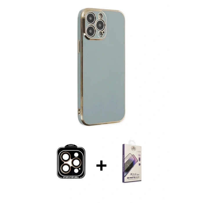 MARSİLYAN™- iPhone 14 Pro Max Kılıf Yankı Serisi - Siyah Bilvis 3D Mat Cam Ekran Koruyucu + PVD Metal Kamera Lens - TU