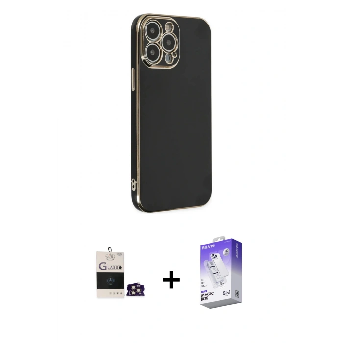 MARSİLYAN™- iPhone 14 Pro Max Kılıf Yankı Serisi - Siyah Bilvis 5in1 3D Magic Cam Ekran Koruyucu + Bilvis Titan Kamera Lens - GD