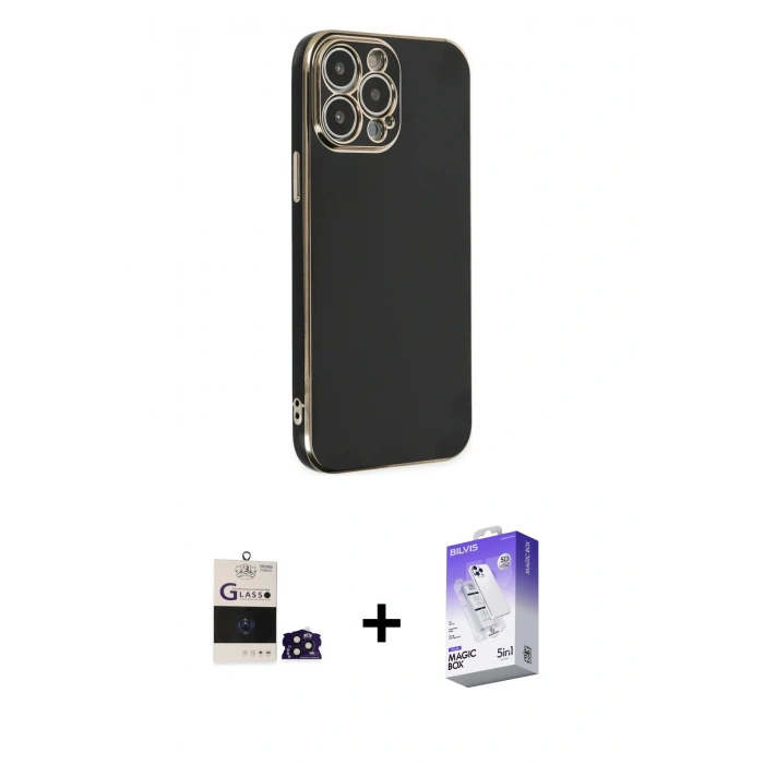 MARSİLYAN™- iPhone 14 Pro Max Kılıf Yankı Serisi - Siyah Bilvis 5in1 3D Magic Cam Ekran Koruyucu + Bilvis Titan Kamera Lens - DNMR
