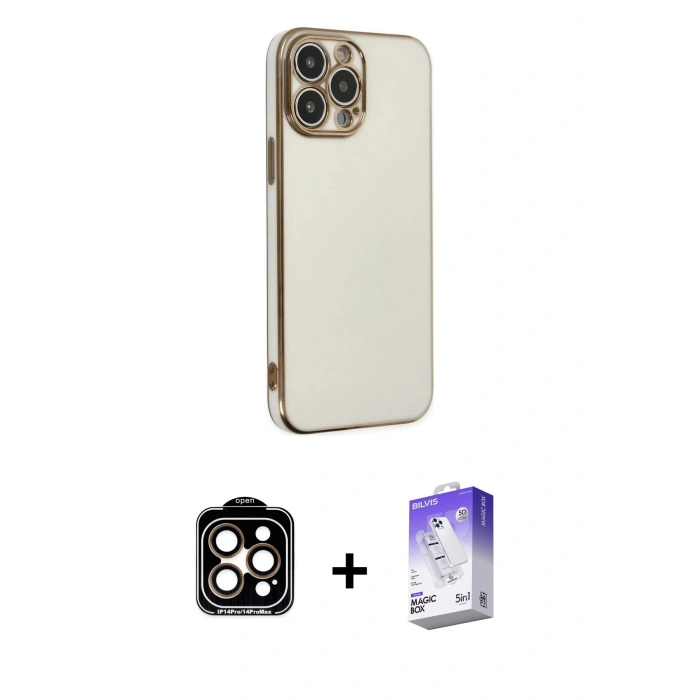 MARSİLYAN™- iPhone 14 Pro Max Kılıf Yankı Serisi - Siyah Bilvis 5in1 3D Magic Cam Ekran Koruyucu + Turuncu PVD Metal Kamera Lens