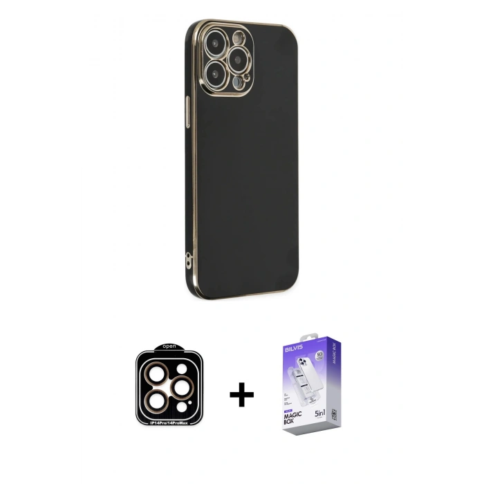 MARSİLYAN™- iPhone 14 Pro Max Kılıf Yankı Serisi - Siyah Bilvis 5in1 3D Magic Cam Ekran Koruyucu + Turuncu PVD Metal Kamera Lens