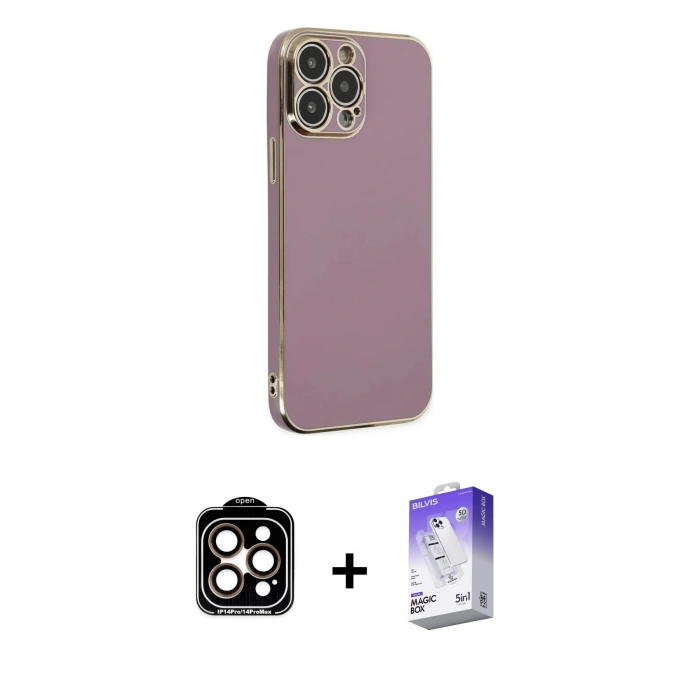 MARSİLYAN™- iPhone 14 Pro Max Kılıf Yankı Serisi - Siyah Bilvis 5in1 3D Magic Cam Ekran Koruyucu + Turuncu PVD Metal Kamera Lens