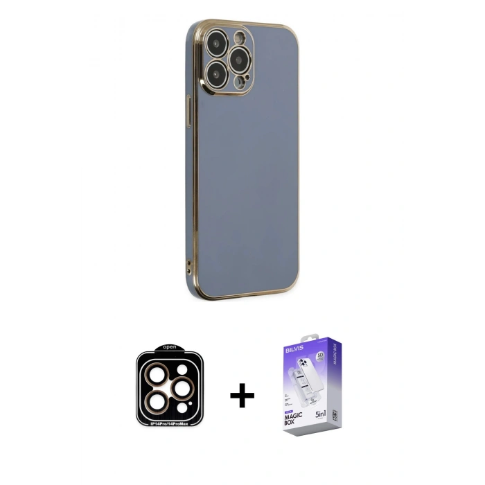 MARSİLYAN™- iPhone 14 Pro Max Kılıf Yankı Serisi - Siyah Bilvis 5in1 3D Magic Cam Ekran Koruyucu + Turuncu PVD Metal Kamera Lens