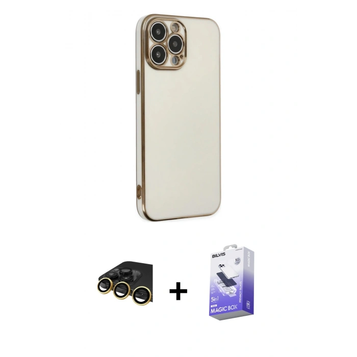 MARSİLYAN™- iPhone 14 Pro Max Kılıf Yankı Serisi - Siyah Bilvis 5in1 5D Magic Hayalet Cam Ekran Koruyucu + Raze Metal Kamera Lens - GD