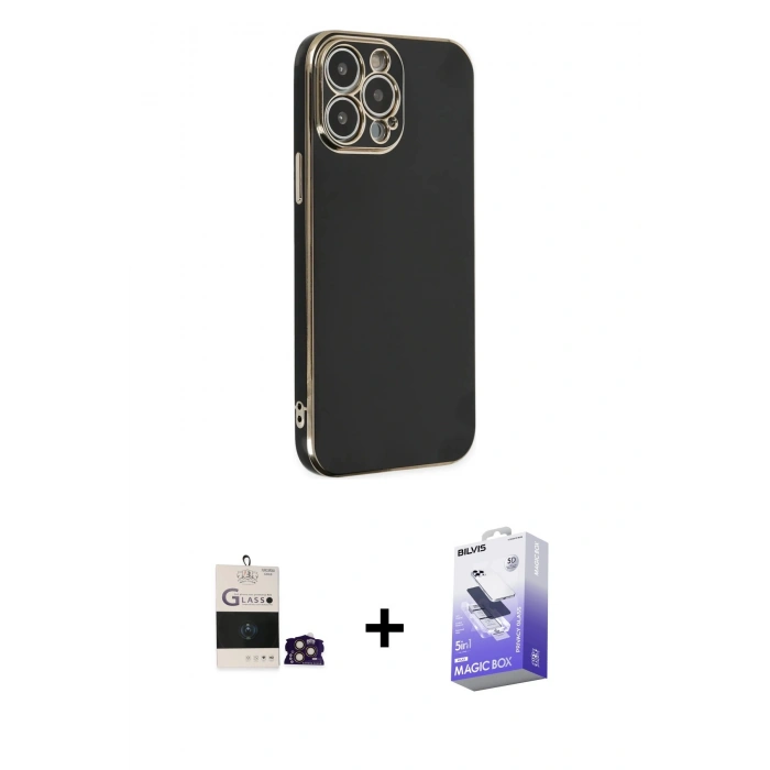 MARSİLYAN™- iPhone 14 Pro Max Kılıf Yankı Serisi - Siyah Bilvis 5in1 5D Magic Hayalet Cam Ekran Koruyucu + Bilvis Titan Kamera Lens - GD
