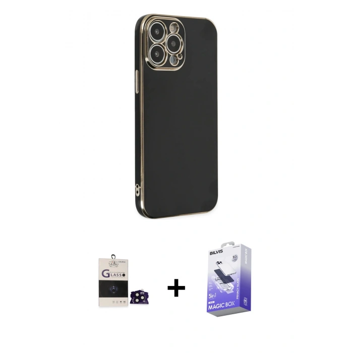 MARSİLYAN™- iPhone 14 Pro Max Kılıf Yankı Serisi - Siyah Bilvis 5in1 5D Magic Hayalet Cam Ekran Koruyucu + Bilvis Titan Kamera Lens - SH