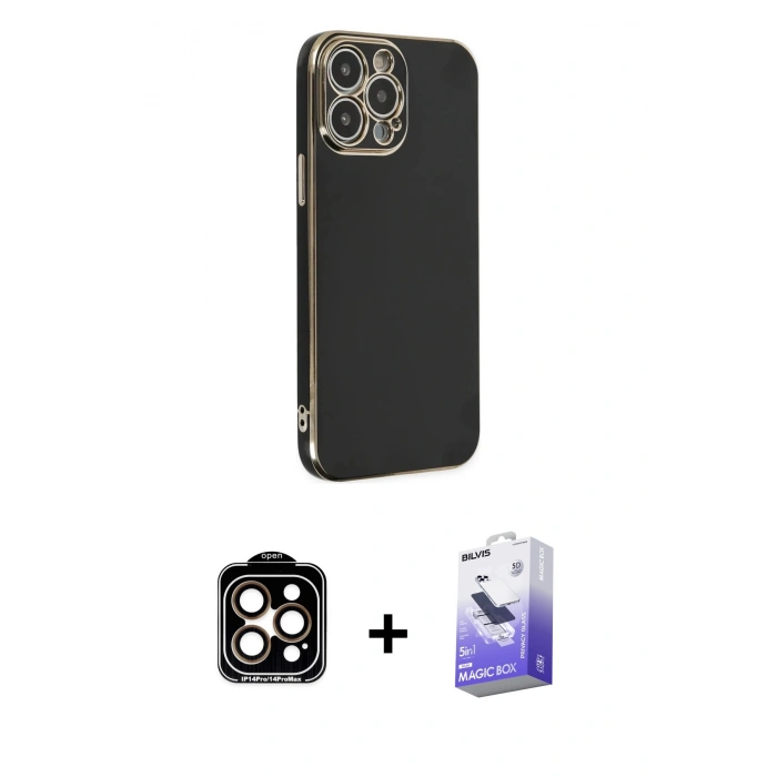 MARSİLYAN™- iPhone 14 Pro Max Kılıf Yankı Serisi - Siyah Bilvis 5in1 5D Magic Hayalet Cam Ekran Koruyucu + PVD Metal Kamera Lens - TU