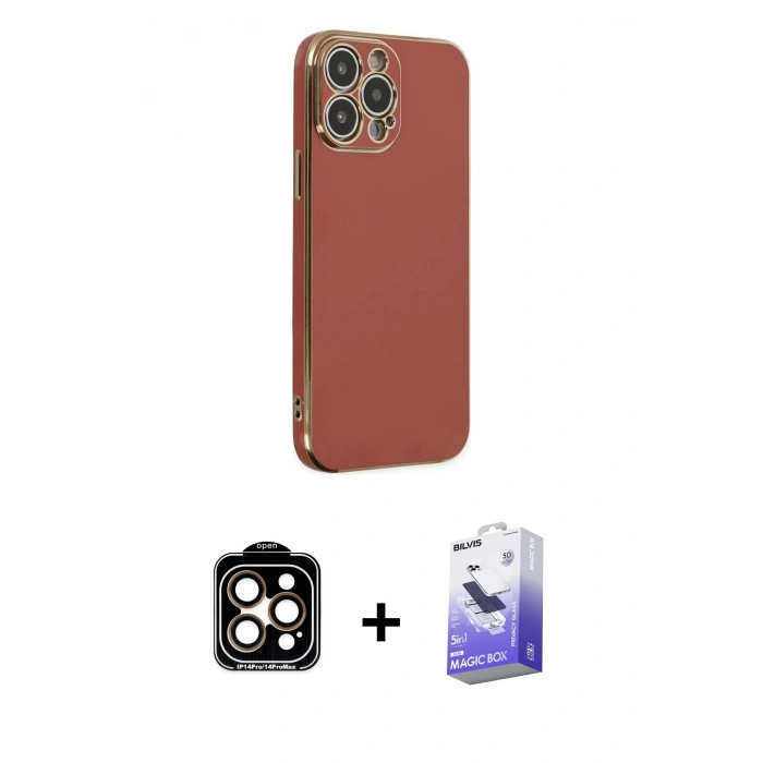 MARSİLYAN™- iPhone 14 Pro Max Kılıf Yankı Serisi - Siyah Bilvis 5in1 5D Magic Hayalet Cam Ekran Koruyucu + PVD Metal Kamera Lens - TU