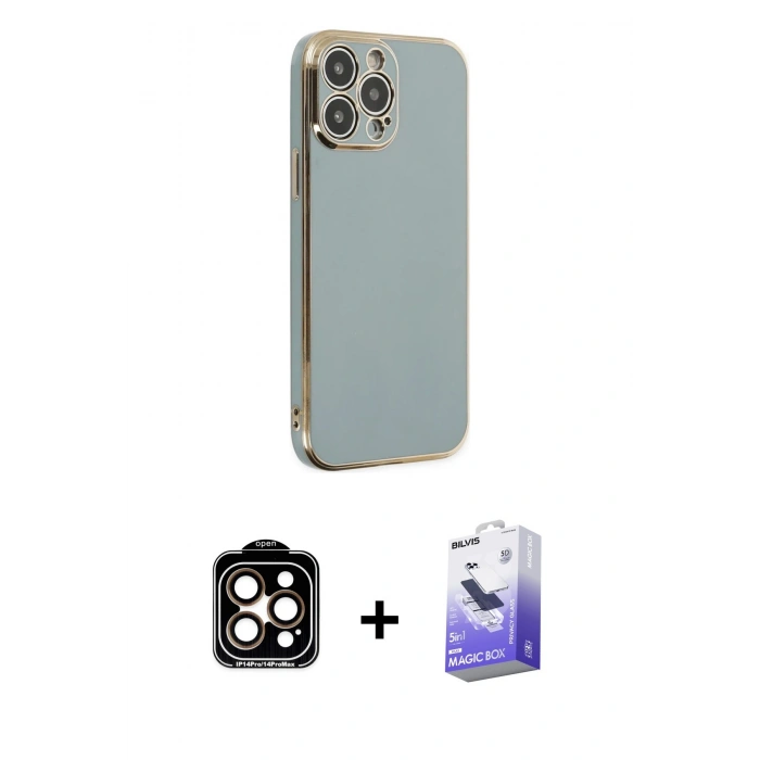 MARSİLYAN™- iPhone 14 Pro Max Kılıf Yankı Serisi - Siyah Bilvis 5in1 5D Magic Hayalet Cam Ekran Koruyucu + PVD Metal Kamera Lens - TU