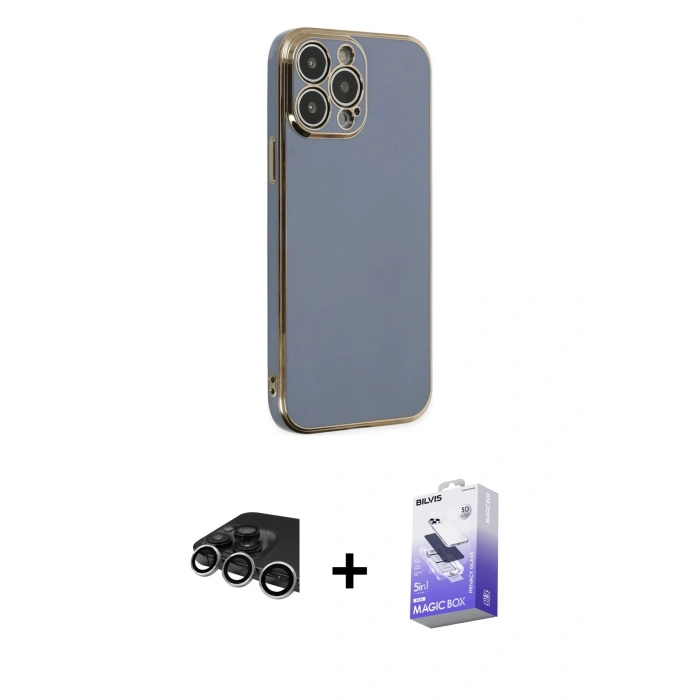 MARSİLYAN™- iPhone 14 Pro Max Kılıf Yankı Serisi - Siyah Bilvis 5in1 5D Magic Hayalet Cam Ekran Koruyucu + Raze Metal Kamera Lens - GS