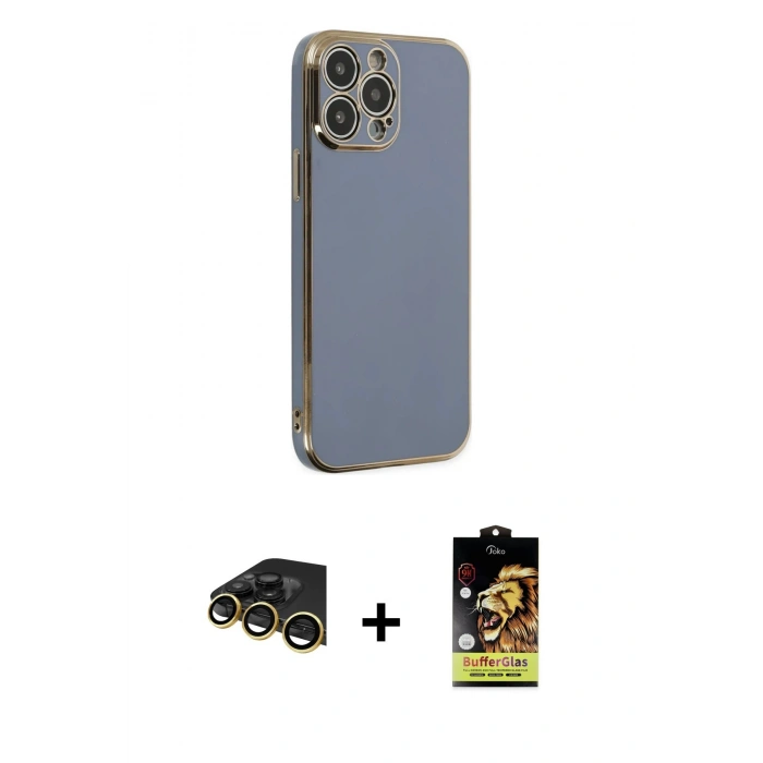 MARSİLYAN™- iPhone 14 Pro Max Kılıf Yankı Serisi - Siyah Buffer Cam Ekran Koruyucu + Raze Metal Kamera Lens - GD