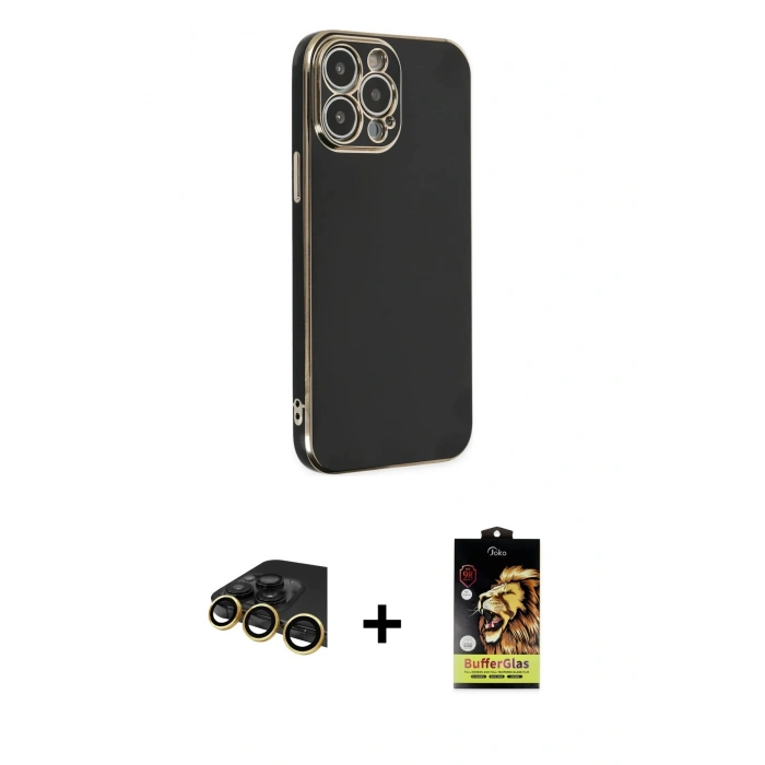 MARSİLYAN™- iPhone 14 Pro Max Kılıf Yankı Serisi - Siyah Buffer Cam Ekran Koruyucu + Raze Metal Kamera Lens - GD