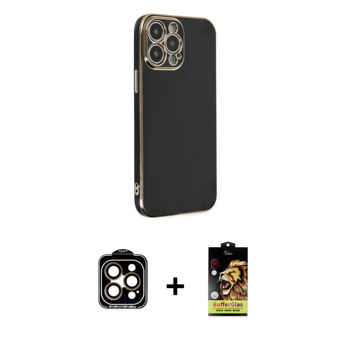 MARSİLYAN™- iPhone 14 Pro Max Kılıf Yankı Serisi - Siyah Buffer Cam Ekran Koruyucu + PVD Metal Kamera Lens - TU