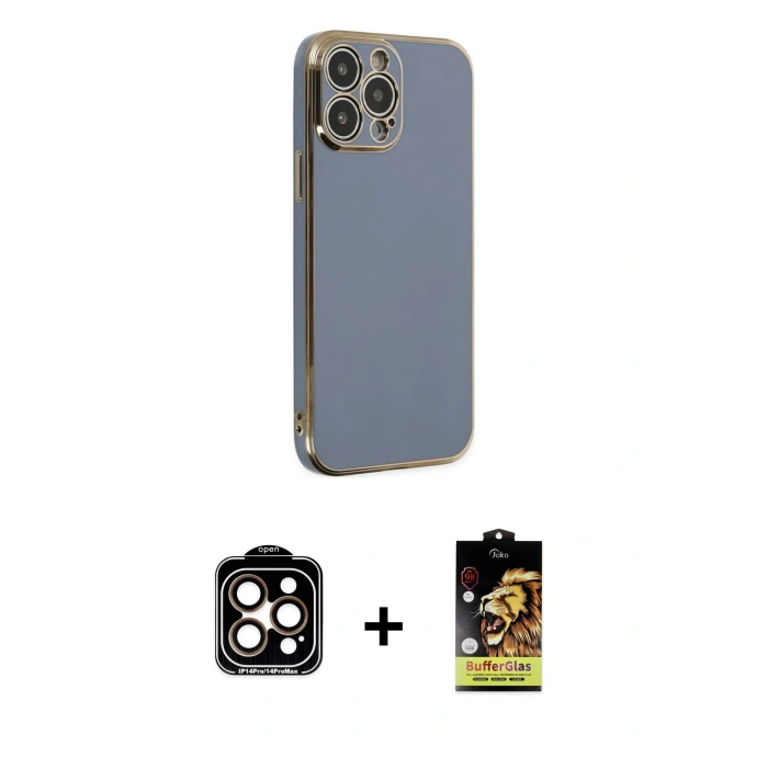 MARSİLYAN™- iPhone 14 Pro Max Kılıf Yankı Serisi - Siyah Buffer Cam Ekran Koruyucu + PVD Metal Kamera Lens - TU