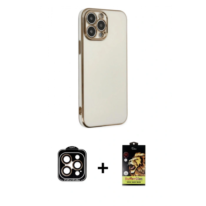 MARSİLYAN™- iPhone 14 Pro Max Kılıf Yankı Serisi - Siyah Buffer Cam Ekran Koruyucu + PVD Metal Kamera Lens - TU