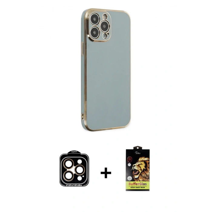 MARSİLYAN™- iPhone 14 Pro Max Kılıf Yankı Serisi - Siyah Buffer Cam Ekran Koruyucu + PVD Metal Kamera Lens - TU
