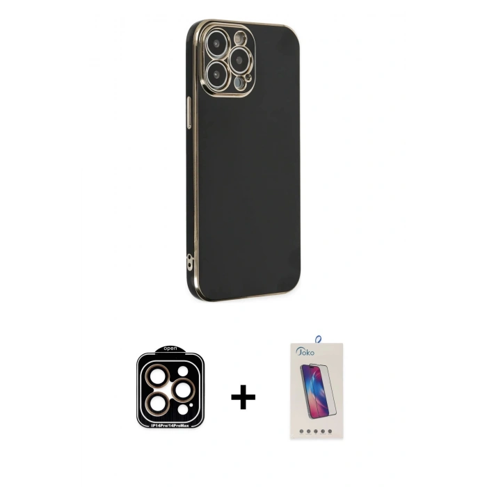 MARSİLYAN™- iPhone 14 Pro Max Kılıf Yankı Serisi - Siyah Joko 5D Cam + PVD Metal Kamera Lens - TU