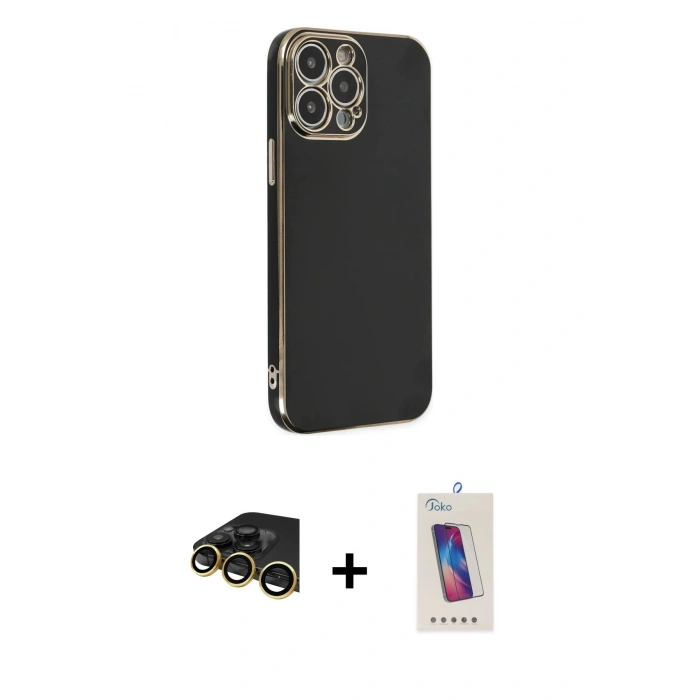 MARSİLYAN™- iPhone 14 Pro Max Kılıf Yankı Serisi - Siyah Joko 5D Cam + Raze Metal Kamera Lens - GD
