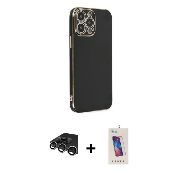 MARSİLYAN™- iPhone 14 Pro Max Kılıf Yankı Serisi - Siyah Joko 5D Cam + Raze Metal Kamera Lens - GS