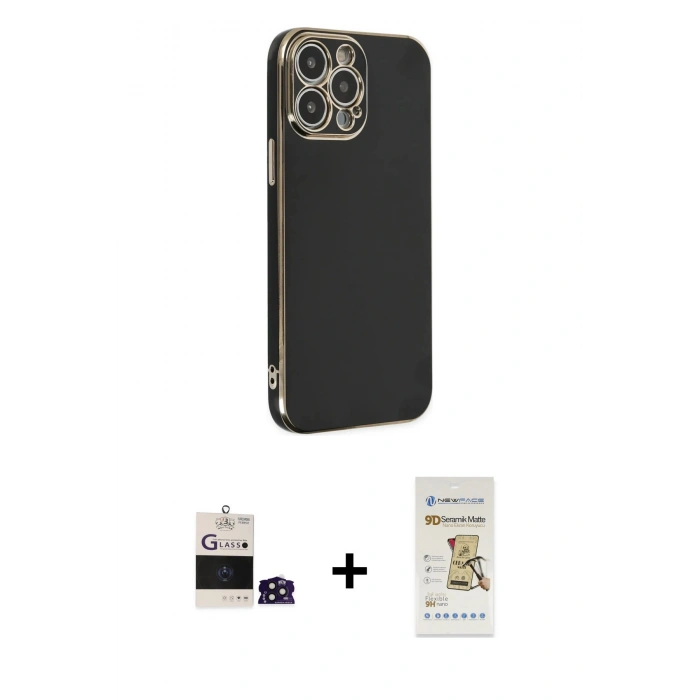 MARSİLYAN™- iPhone 14 Pro Max Kılıf Yankı Serisi - Siyah Mat Seramik Nano Ekran Koruyucu + Bilvis Titan Kamera Lens - DNMR