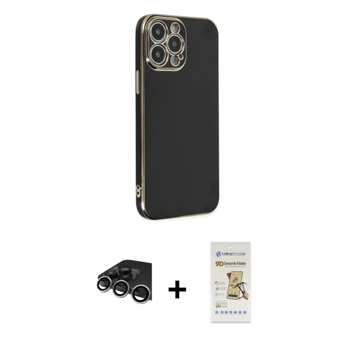 MARSİLYAN™- iPhone 14 Pro Max Kılıf Yankı Serisi - Siyah Mat Seramik Nano Ekran Koruyucu + Raze Metal Kamera Lens - GS