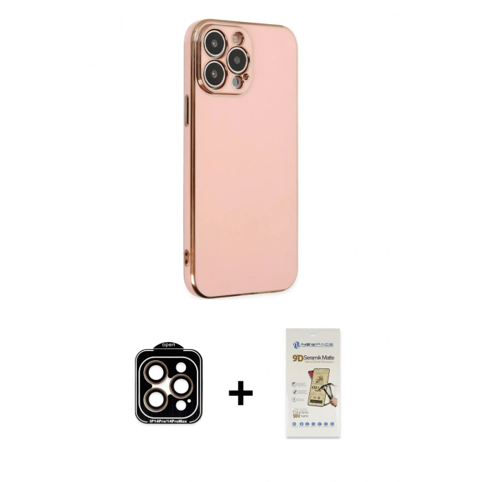 MARSİLYAN™- iPhone 14 Pro Max Kılıf Yankı Serisi - Siyah Mat Seramik Nano Ekran Koruyucu + Turuncu PVD Metal Kamera Lens