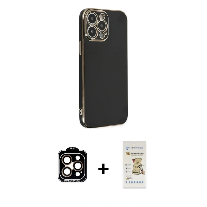 MARSİLYAN™- iPhone 14 Pro Max Kılıf Yankı Serisi - Siyah Mat Seramik Nano Ekran Koruyucu + Turuncu PVD Metal Kamera Lens