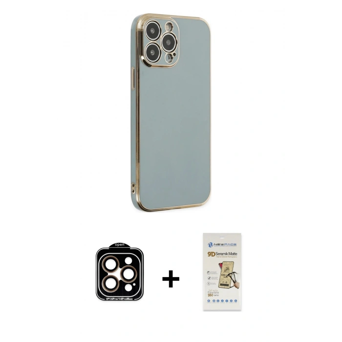 MARSİLYAN™- iPhone 14 Pro Max Kılıf Yankı Serisi - Siyah Mat Seramik Nano Ekran Koruyucu + Turuncu PVD Metal Kamera Lens