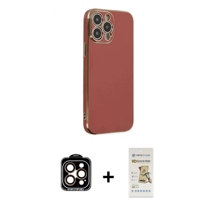 MARSİLYAN™- iPhone 14 Pro Max Kılıf Yankı Serisi - Siyah Mat Seramik Nano Ekran Koruyucu + Turuncu PVD Metal Kamera Lens