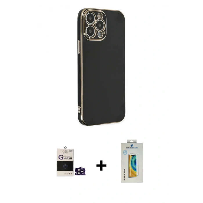 MARSİLYAN™- iPhone 14 Pro Max Kılıf Yankı Serisi - Siyah Polymer Nano Ekran Koruyucu + Bilvis Titan Kamera Lens - DNMR