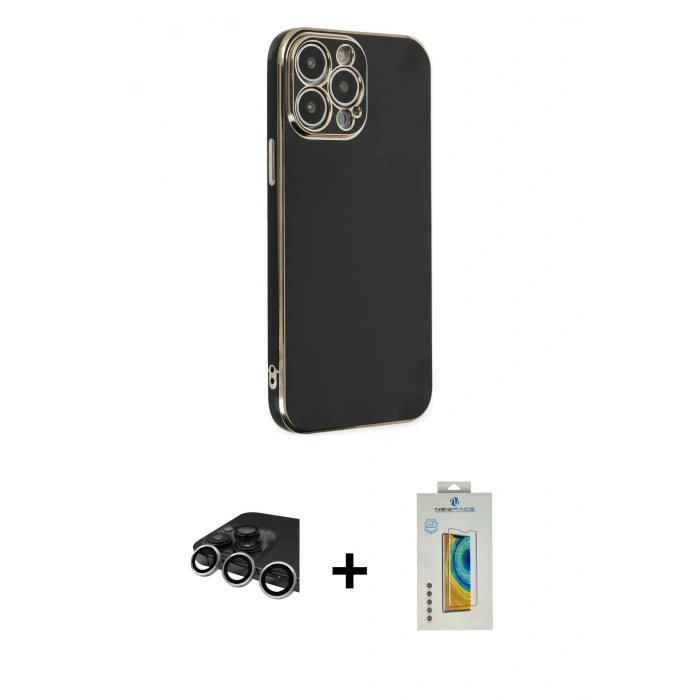 MARSİLYAN™- iPhone 14 Pro Max Kılıf Yankı Serisi - Siyah Polymer Nano Ekran Koruyucu + Raze Metal Kamera Lens - GS