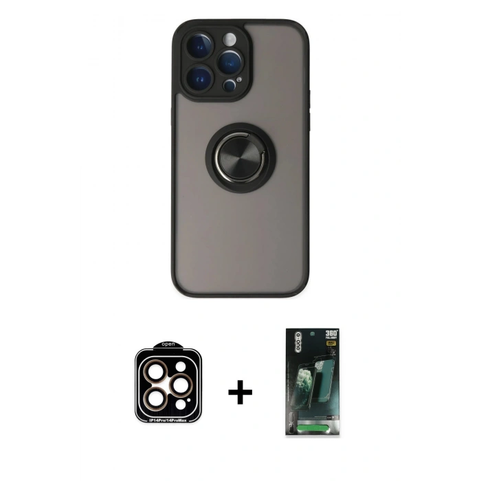 MARSİLYAN™- iPhone 14 Pro Max Kılıf Yörünge Çizgi - Şeffaf 360 Full Body Arka Koruyucu + PVD Metal Kamera Lens - TU