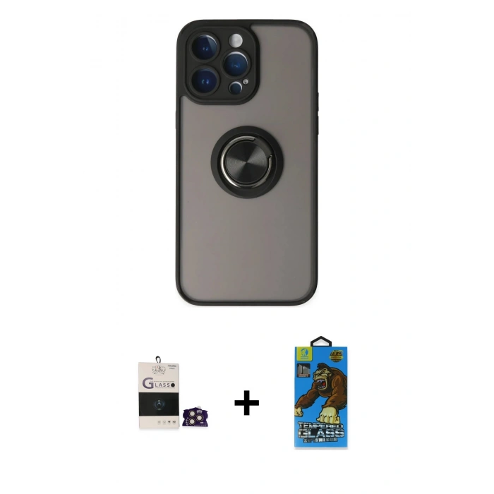MARSİLYAN™- iPhone 14 Pro Max Kılıf Yörünge Çizgi - Siyah 18D Cam Ekran Koruyucu + Bilvis Titan Kamera Lens - GD