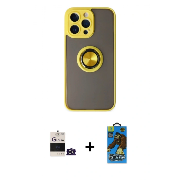 MARSİLYAN™- iPhone 14 Pro Max Kılıf Yörünge Çizgi - Siyah 18D Cam Ekran Koruyucu + Bilvis Titan Kamera Lens - DNMR