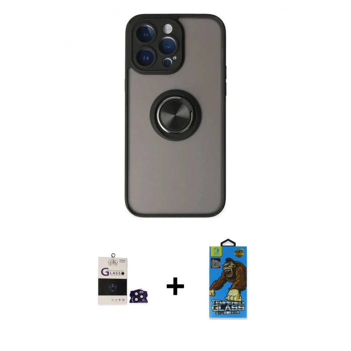 MARSİLYAN™- iPhone 14 Pro Max Kılıf Yörünge Çizgi - Siyah 18D Cam Ekran Koruyucu + Bilvis Titan Kamera Lens - DNMR