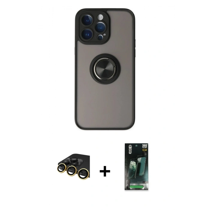 MARSİLYAN™- iPhone 14 Pro Max Kılıf Yörünge Çizgi - Siyah 360 Mat Full Body Arka Koruyucu + Raze Metal Kamera Lens - GD