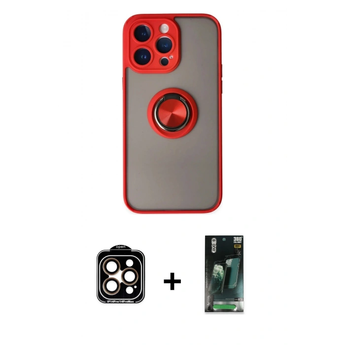 MARSİLYAN™- iPhone 14 Pro Max Kılıf Yörünge Çizgi - Siyah 360 Mat Full Body Arka Koruyucu + Turuncu PVD Metal Kamera Lens