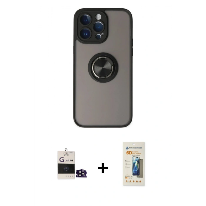 MARSİLYAN™- iPhone 14 Pro Max Kılıf Yörünge Çizgi - Siyah 6D Mat Seramik Hayalet Nano Ekran Koruyucu + Bilvis Titan Kamera Lens - SH