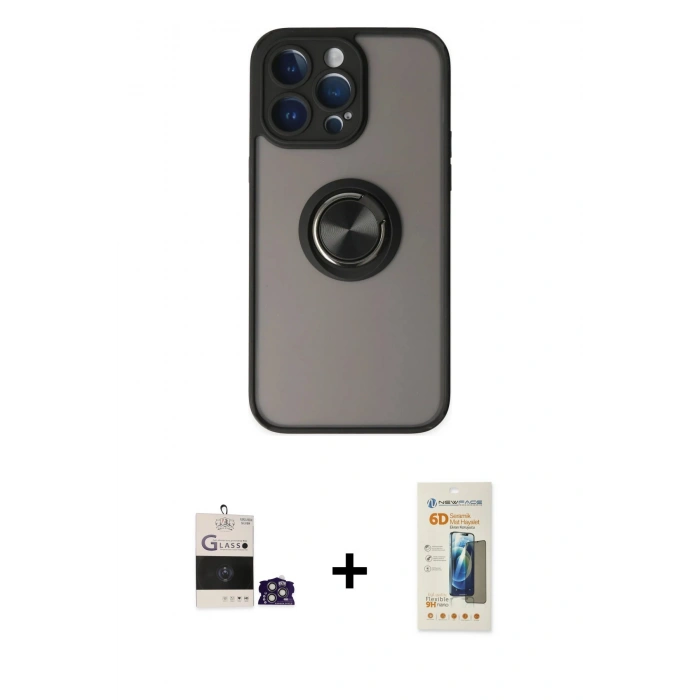 MARSİLYAN™- iPhone 14 Pro Max Kılıf Yörünge Çizgi - Siyah 6D Mat Seramik Hayalet Nano Ekran Koruyucu + Bilvis Titan Kamera Lens - GS