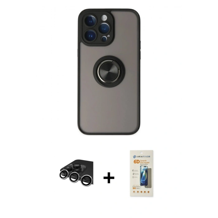 MARSİLYAN™- iPhone 14 Pro Max Kılıf Yörünge Çizgi - Siyah 6D Mat Seramik Hayalet Nano Ekran Koruyucu + Raze Metal Kamera Lens - GS