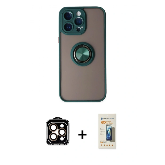 MARSİLYAN™- iPhone 14 Pro Max Kılıf Yörünge Çizgi - Siyah 6D Mat Seramik Hayalet Nano Ekran Koruyucu + Turuncu PVD Metal Kamera Lens