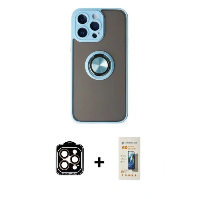 MARSİLYAN™- iPhone 14 Pro Max Kılıf Yörünge Çizgi - Siyah 6D Mat Seramik Hayalet Nano Ekran Koruyucu + Turuncu PVD Metal Kamera Lens