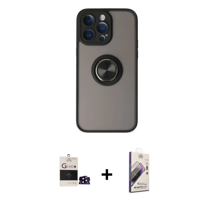 MARSİLYAN™- iPhone 14 Pro Max Kılıf Yörünge Çizgi - Siyah Bilvis 3D Mat Cam Ekran Koruyucu + Bilvis Titan Kamera Lens - SH