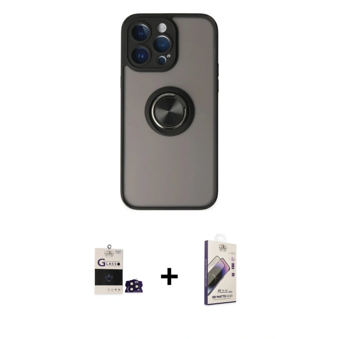 MARSİLYAN™- iPhone 14 Pro Max Kılıf Yörünge Çizgi - Siyah Bilvis 3D Mat Cam Ekran Koruyucu + Bilvis Titan Kamera Lens - DNMR