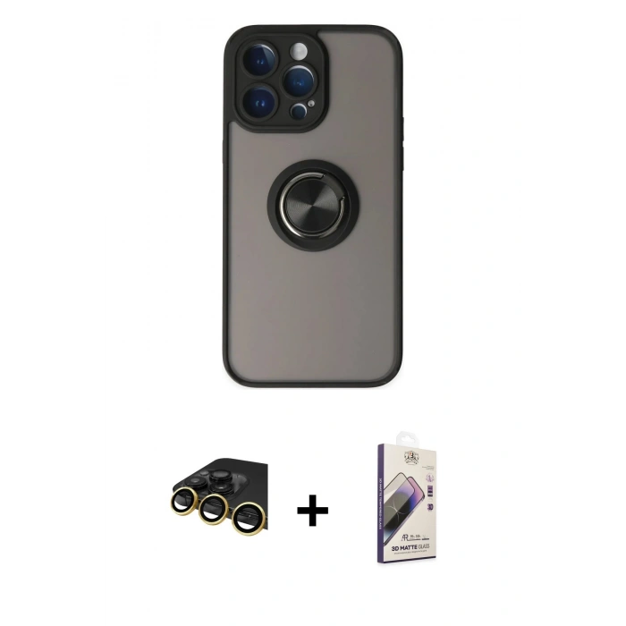 MARSİLYAN™- iPhone 14 Pro Max Kılıf Yörünge Çizgi - Siyah Bilvis 3D Mat Cam Ekran Koruyucu + Raze Metal Kamera Lens - GD