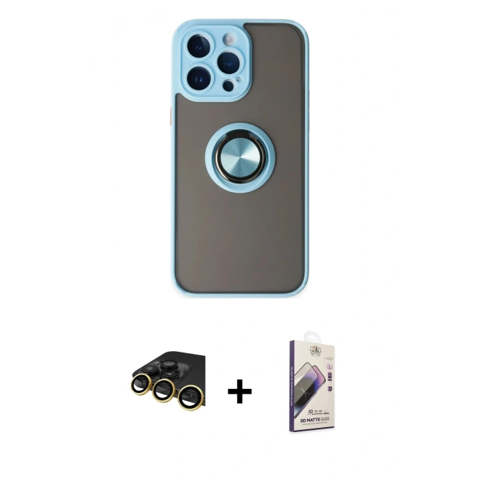 MARSİLYAN™- iPhone 14 Pro Max Kılıf Yörünge Çizgi - Siyah Bilvis 3D Mat Cam Ekran Koruyucu + Raze Metal Kamera Lens - GD