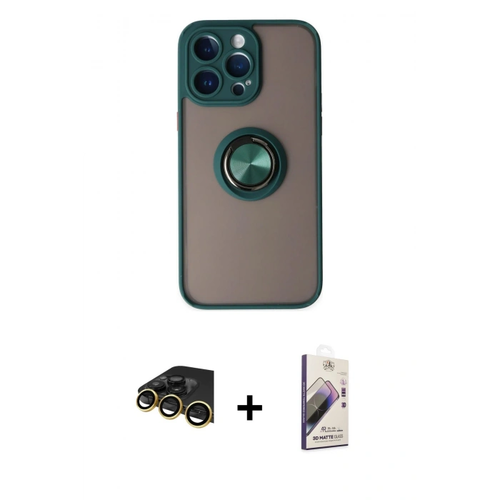 MARSİLYAN™- iPhone 14 Pro Max Kılıf Yörünge Çizgi - Siyah Bilvis 3D Mat Cam Ekran Koruyucu + Raze Metal Kamera Lens - GD