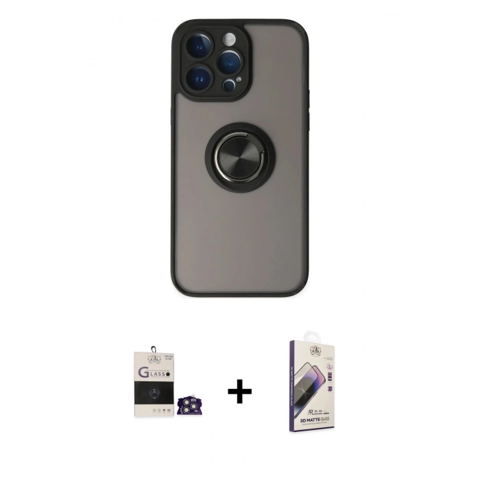 MARSİLYAN™- iPhone 14 Pro Max Kılıf Yörünge Çizgi - Siyah Bilvis 3D Mat Cam Ekran Koruyucu + Bilvis Titan Kamera Lens - GS
